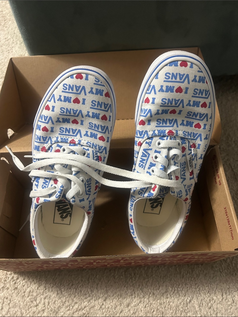 Vans Canvas Sneakers in White with Blue Logo & Red Heart Print